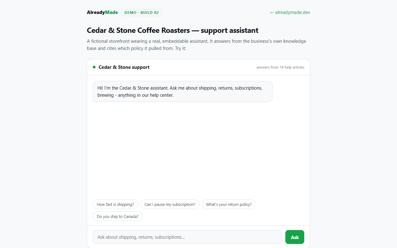 Support assistant chat answering with cited sources